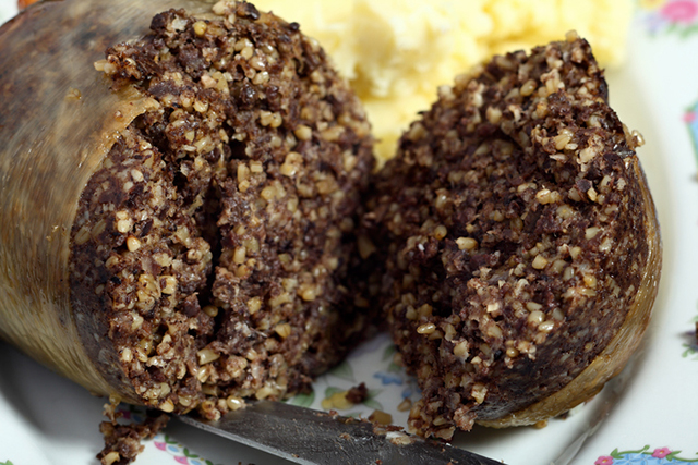 Cooked haggis cut open